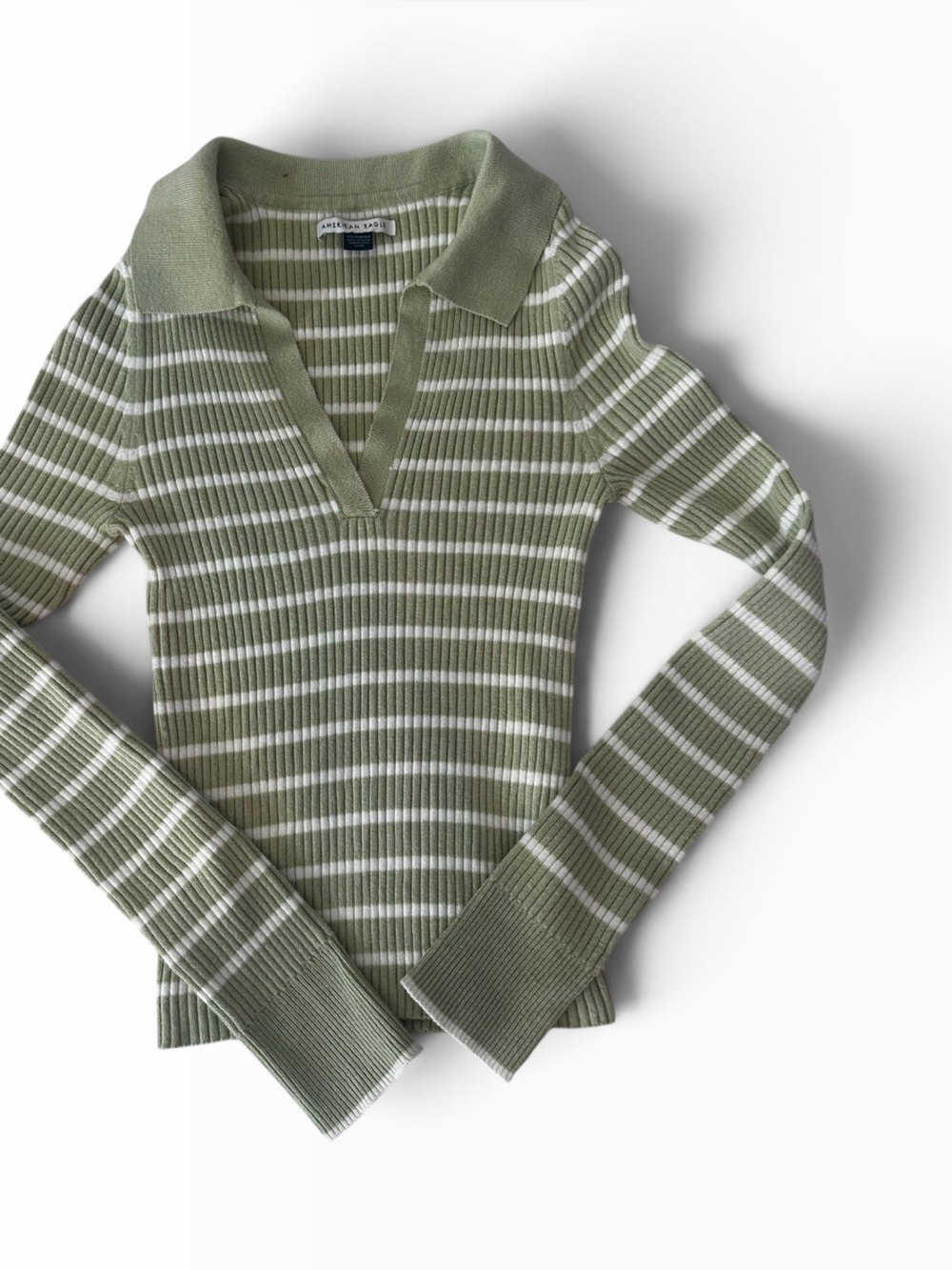 American Eagle Outfitters Light Sage and White Striped V-Neck Sweater
